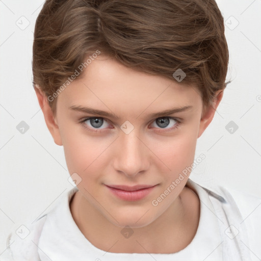 Joyful white child female with short  brown hair and brown eyes