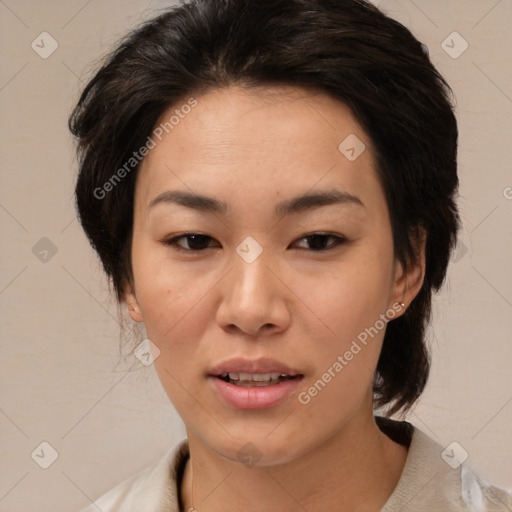 Joyful white adult female with medium  brown hair and brown eyes