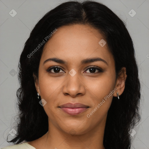 Joyful latino young-adult female with medium  black hair and brown eyes