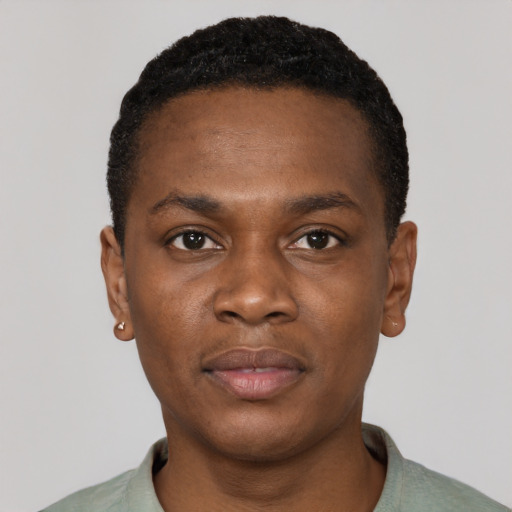 Neutral black young-adult male with short  black hair and brown eyes
