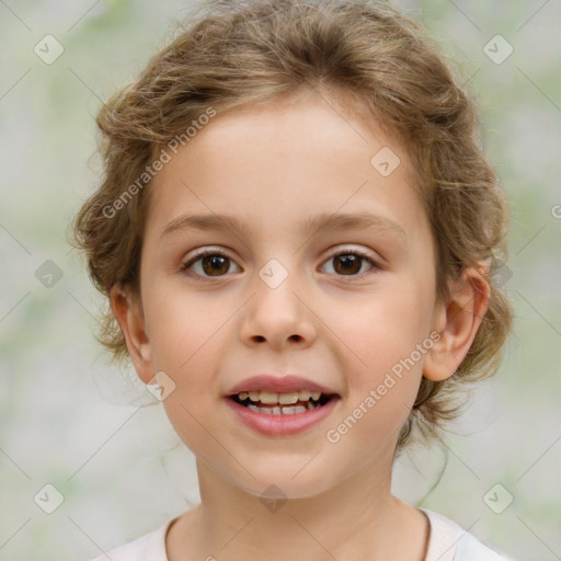 Joyful white child female with medium  brown hair and brown eyes