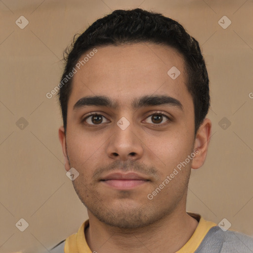 Neutral latino young-adult male with short  black hair and brown eyes