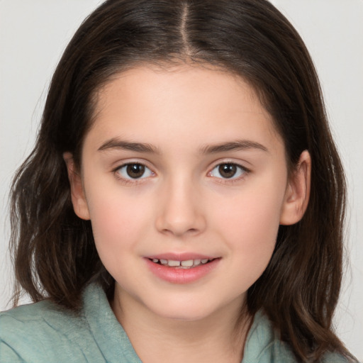 Joyful white child female with medium  brown hair and brown eyes