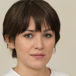 Neutral white young-adult female with medium  brown hair and brown eyes