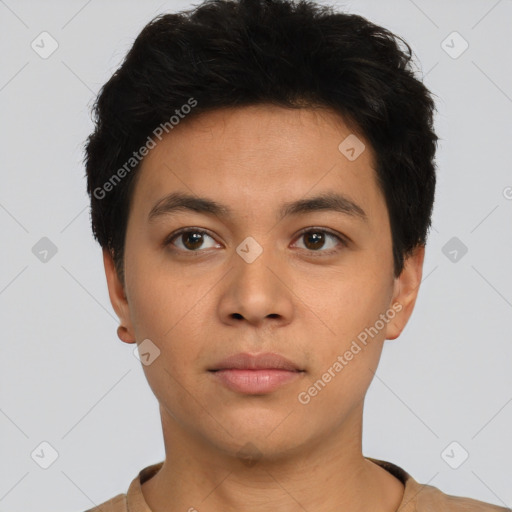 Neutral asian young-adult male with short  black hair and brown eyes