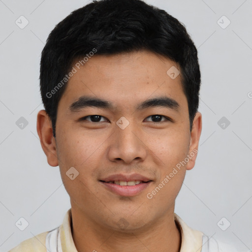 Joyful latino young-adult male with short  black hair and brown eyes