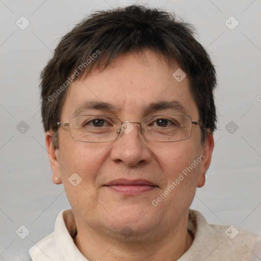 Joyful white middle-aged male with short  brown hair and brown eyes