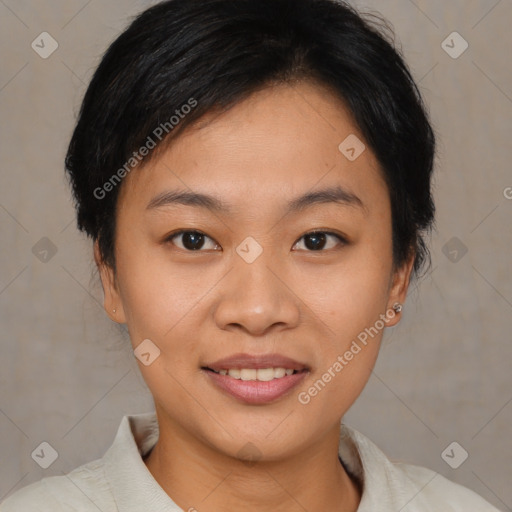 Joyful asian young-adult female with short  brown hair and brown eyes