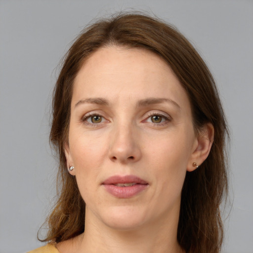 Neutral white adult female with medium  brown hair and grey eyes