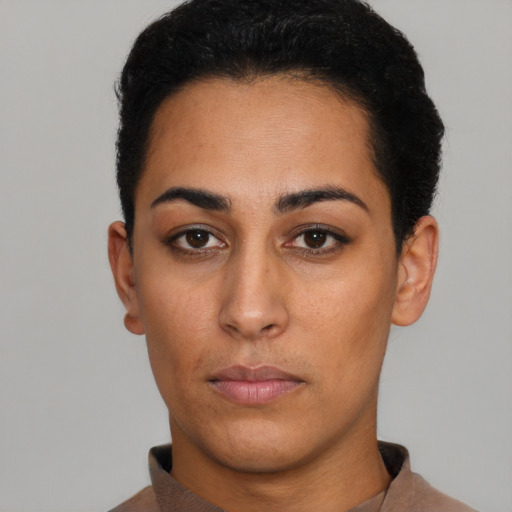 Neutral latino young-adult female with short  black hair and brown eyes
