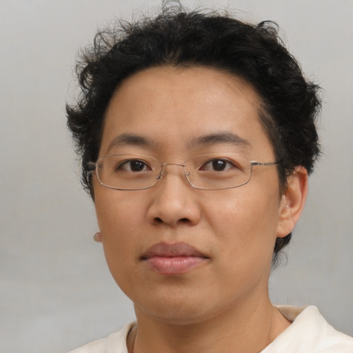Neutral asian adult female with short  brown hair and brown eyes