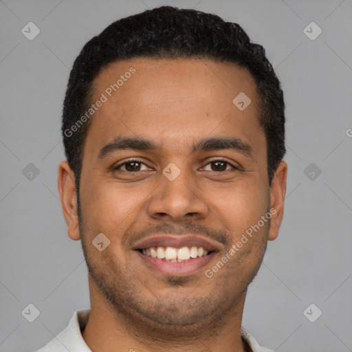 Joyful latino young-adult male with short  brown hair and brown eyes