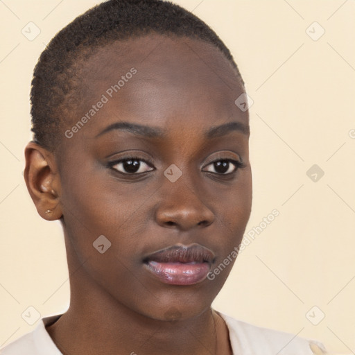 Neutral black young-adult female with short  brown hair and brown eyes