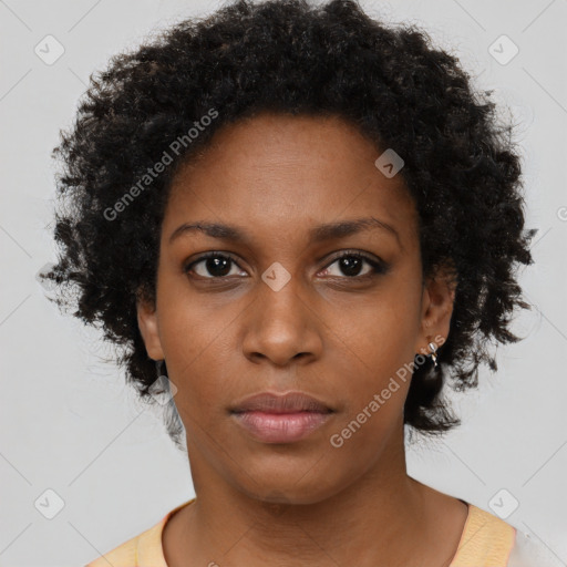 Neutral black young-adult female with short  black hair and brown eyes