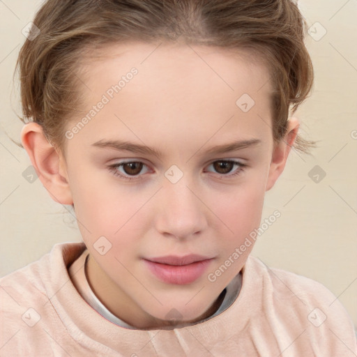 Joyful white child female with short  brown hair and brown eyes