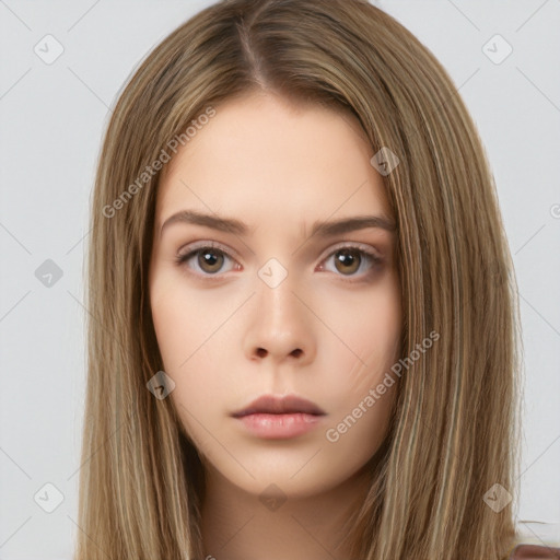 Neutral white young-adult female with long  brown hair and brown eyes