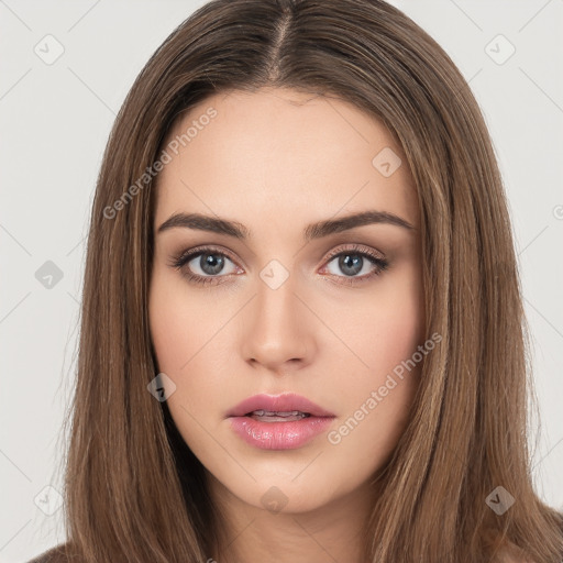 Neutral white young-adult female with long  brown hair and brown eyes