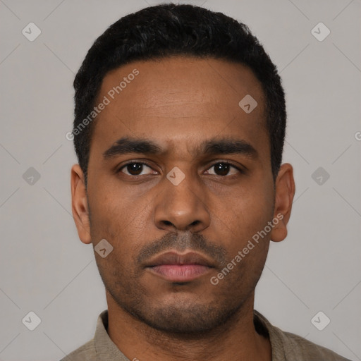 Neutral latino young-adult male with short  black hair and brown eyes