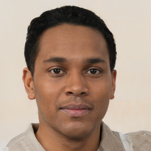 Neutral black young-adult male with short  black hair and brown eyes