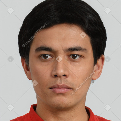 Neutral asian young-adult male with short  black hair and brown eyes