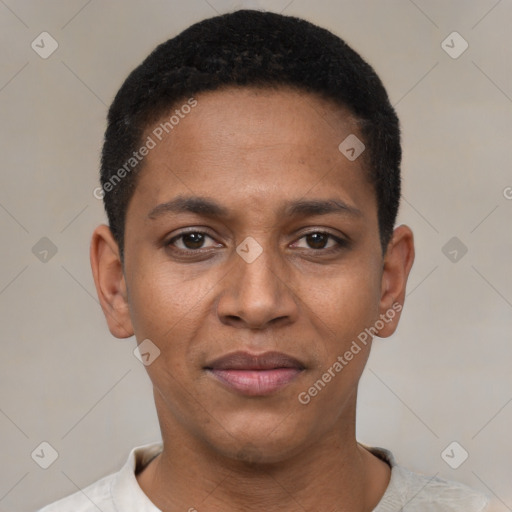 Joyful black young-adult male with short  black hair and brown eyes
