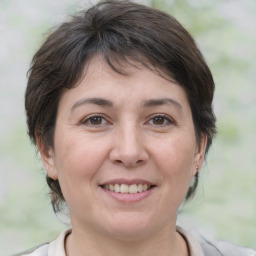 Joyful white adult female with medium  brown hair and brown eyes