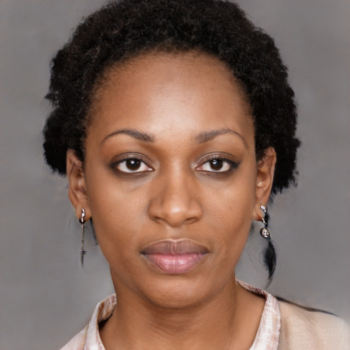 Neutral black young-adult female with short  black hair and brown eyes