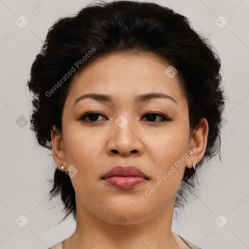 Neutral asian young-adult female with medium  black hair and brown eyes