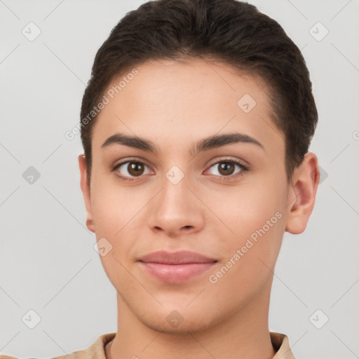 Joyful white young-adult female with short  brown hair and brown eyes