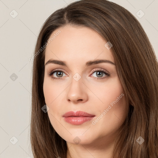 Neutral white young-adult female with long  brown hair and brown eyes