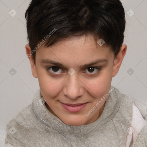 Joyful white child female with short  brown hair and brown eyes