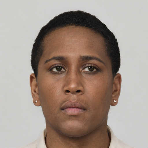 Neutral black young-adult female with short  brown hair and brown eyes