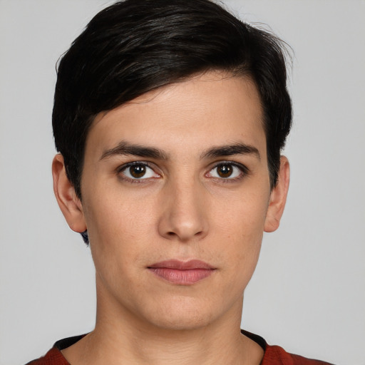 Neutral white young-adult male with short  brown hair and brown eyes