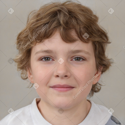 Joyful white child female with medium  brown hair and brown eyes