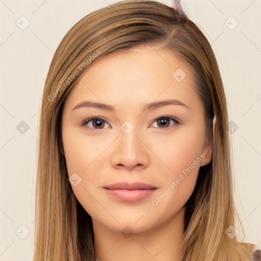 Neutral white young-adult female with long  brown hair and brown eyes