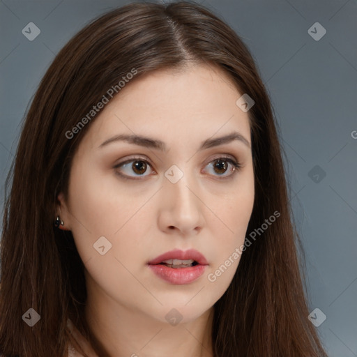 Neutral white young-adult female with long  brown hair and brown eyes