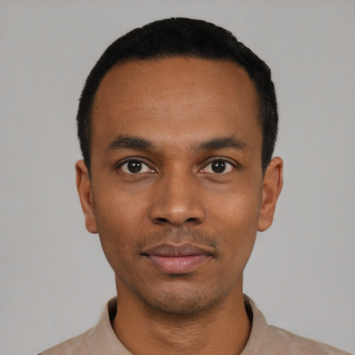 Neutral black young-adult male with short  black hair and brown eyes