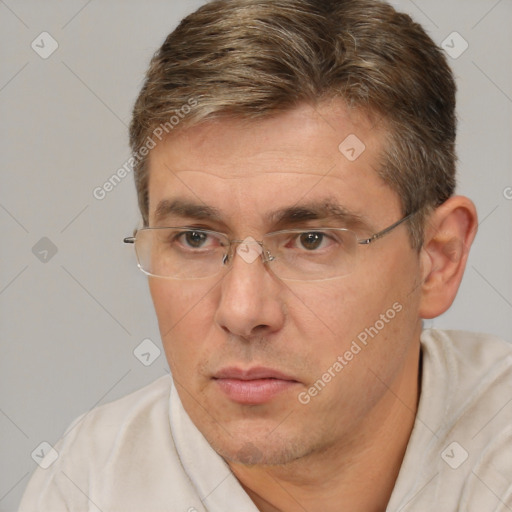 Neutral white adult male with short  brown hair and brown eyes