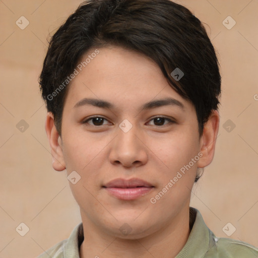 Joyful white young-adult female with short  brown hair and brown eyes