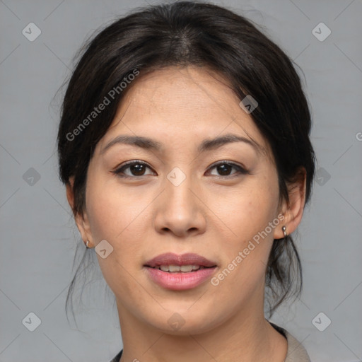 Joyful asian young-adult female with medium  brown hair and brown eyes