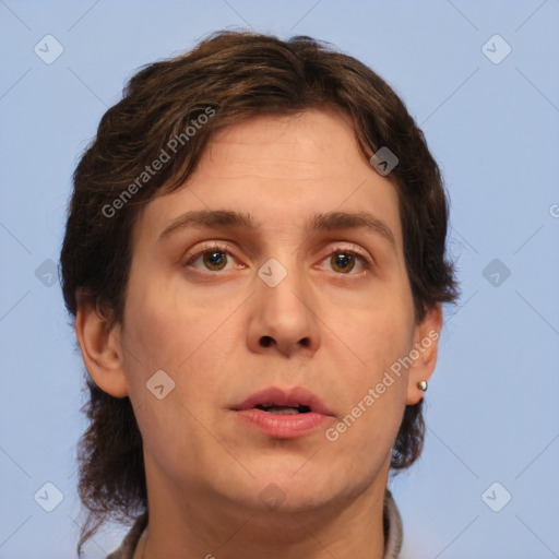 Neutral white adult female with short  brown hair and brown eyes