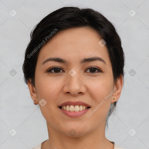 Joyful asian young-adult female with medium  black hair and brown eyes