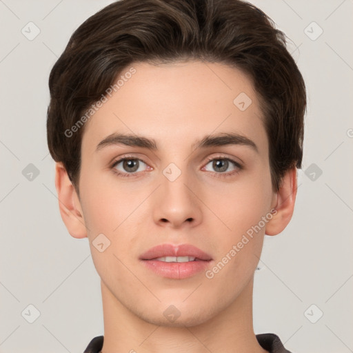 Neutral white young-adult male with short  brown hair and brown eyes