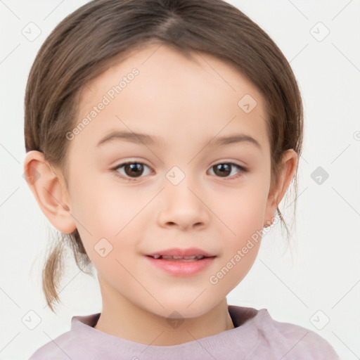 Joyful white child female with medium  brown hair and brown eyes