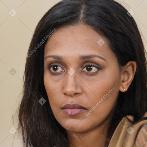 Neutral latino young-adult female with long  brown hair and brown eyes