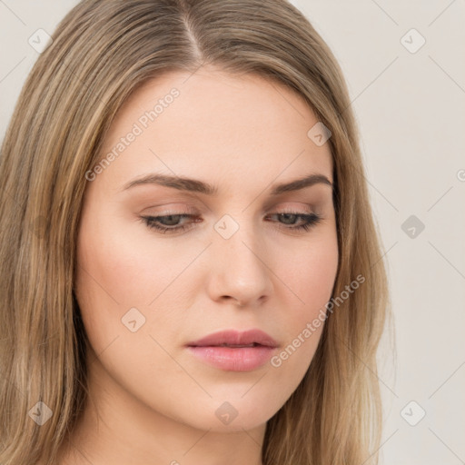 Neutral white young-adult female with long  brown hair and brown eyes