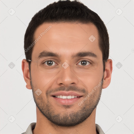 Joyful white young-adult male with short  brown hair and brown eyes