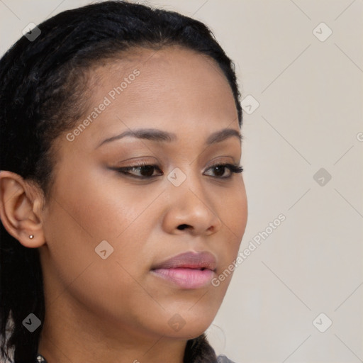 Neutral black young-adult female with long  brown hair and brown eyes