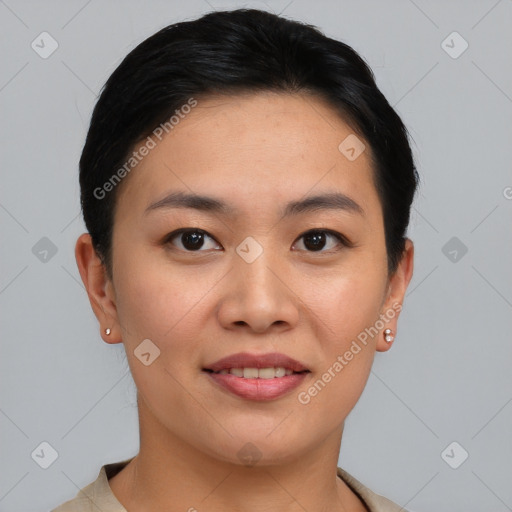 Joyful asian young-adult female with short  brown hair and brown eyes