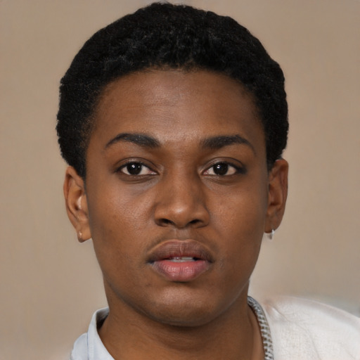 Neutral black young-adult male with short  black hair and brown eyes